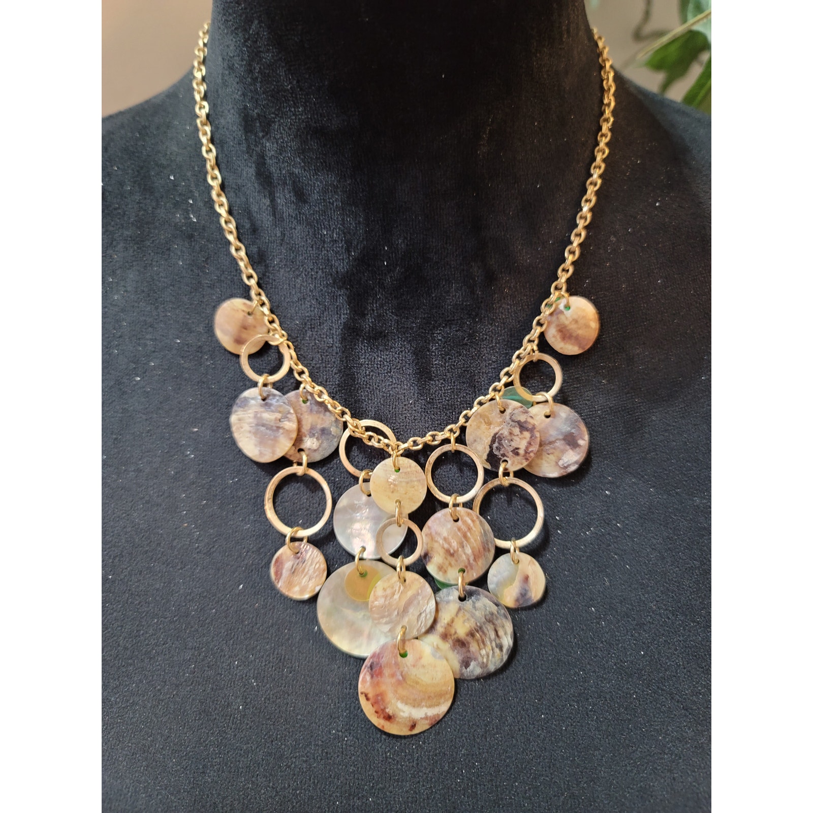 Gold Tone Chain Necklace Natural Shell Disc Statement Bib Necklace Womens